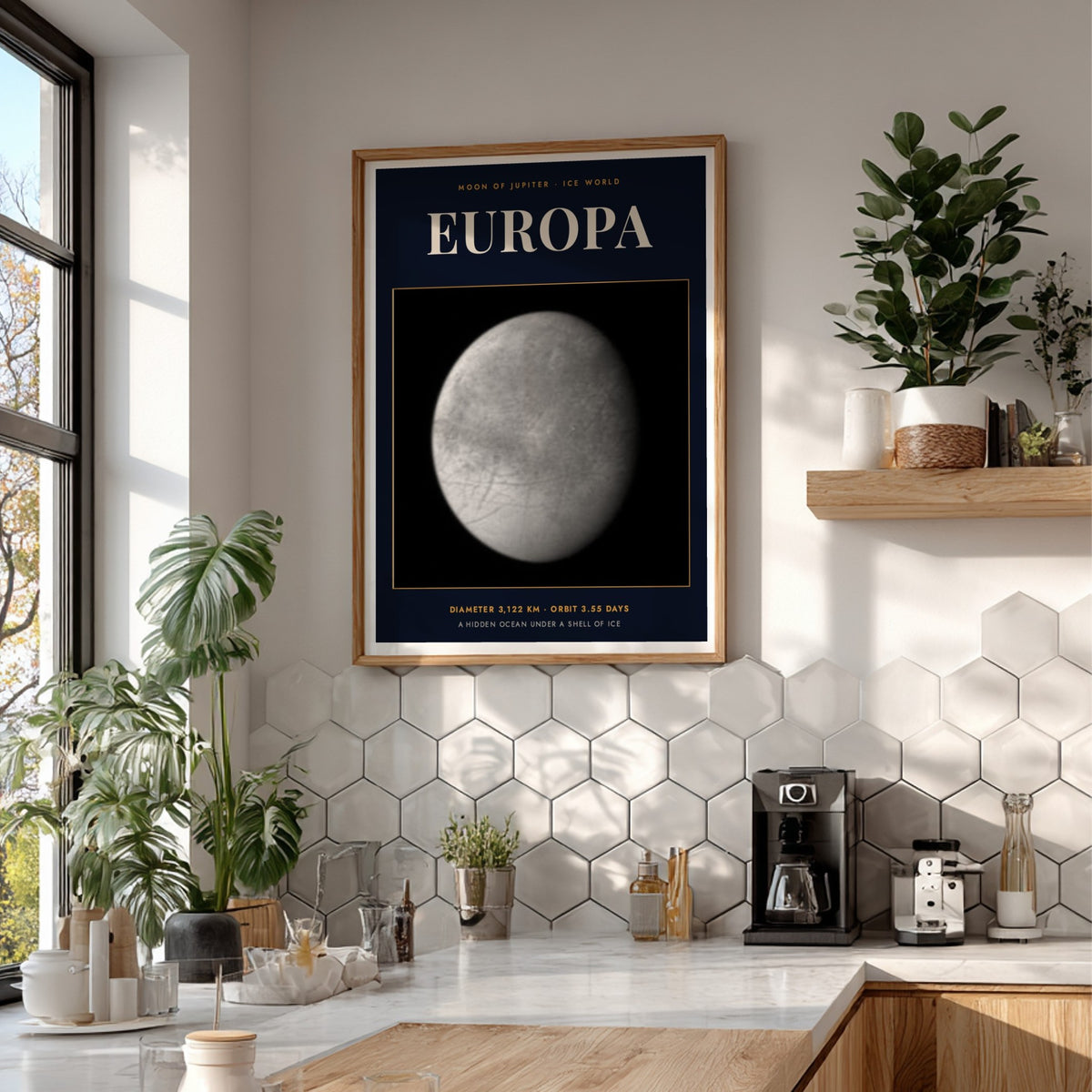 Poster of Europa featuring a detailed monochrome moon against a dark navy blue background.