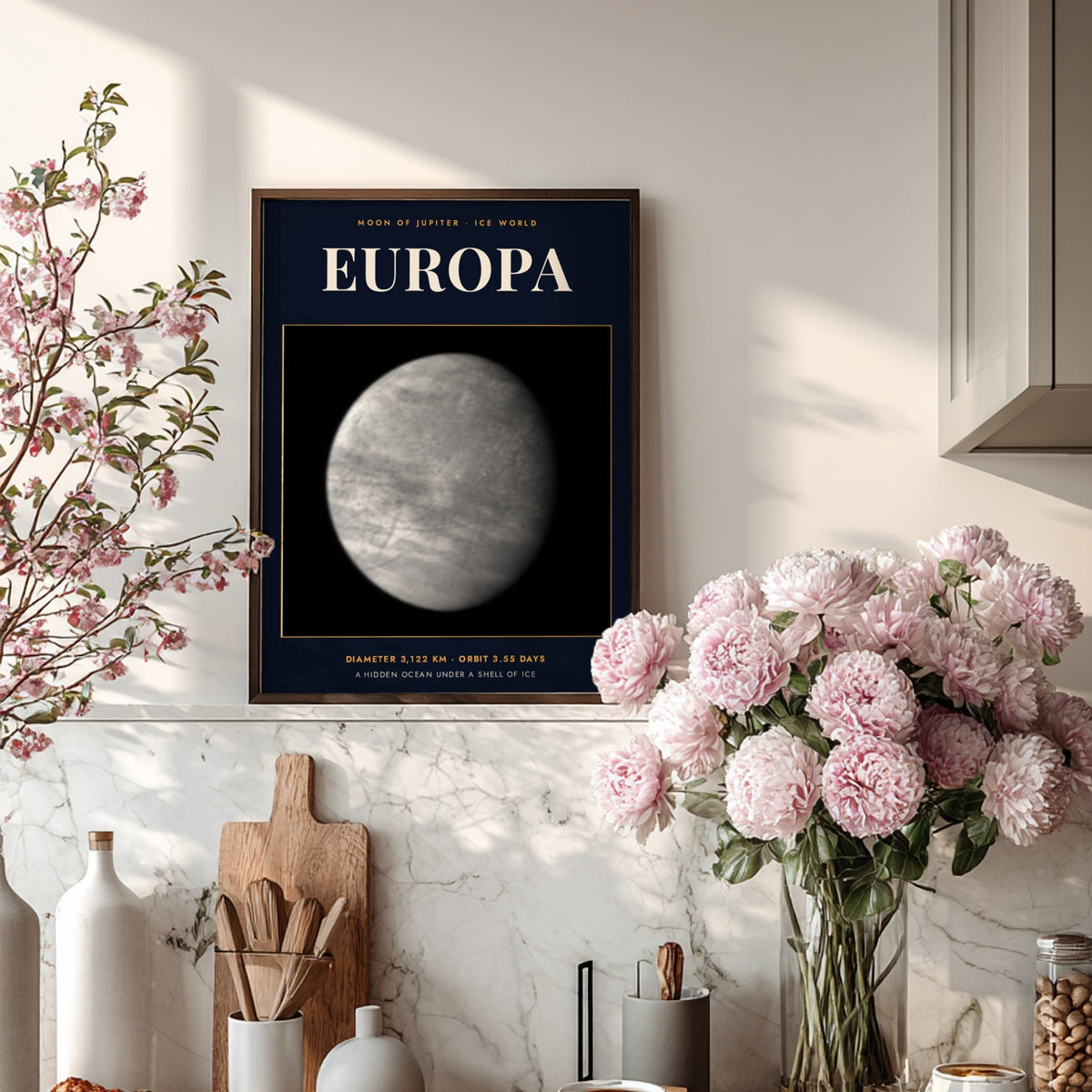 Poster of Europa featuring a detailed monochrome moon against a dark navy blue background.