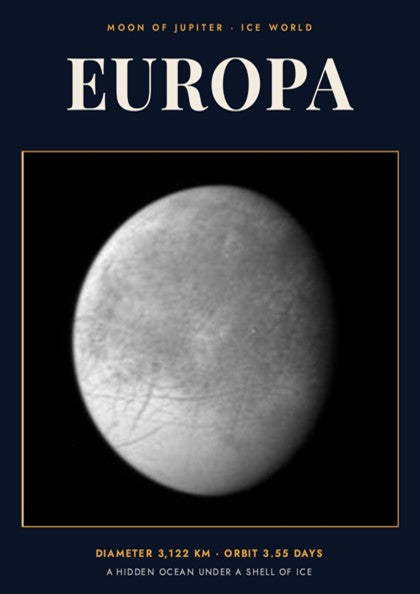 Poster of Europa featuring a detailed monochrome moon against a dark navy blue background.