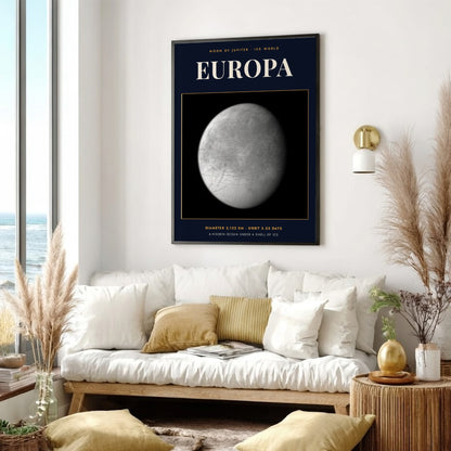 Poster of Europa featuring a detailed monochrome moon against a dark navy blue background.