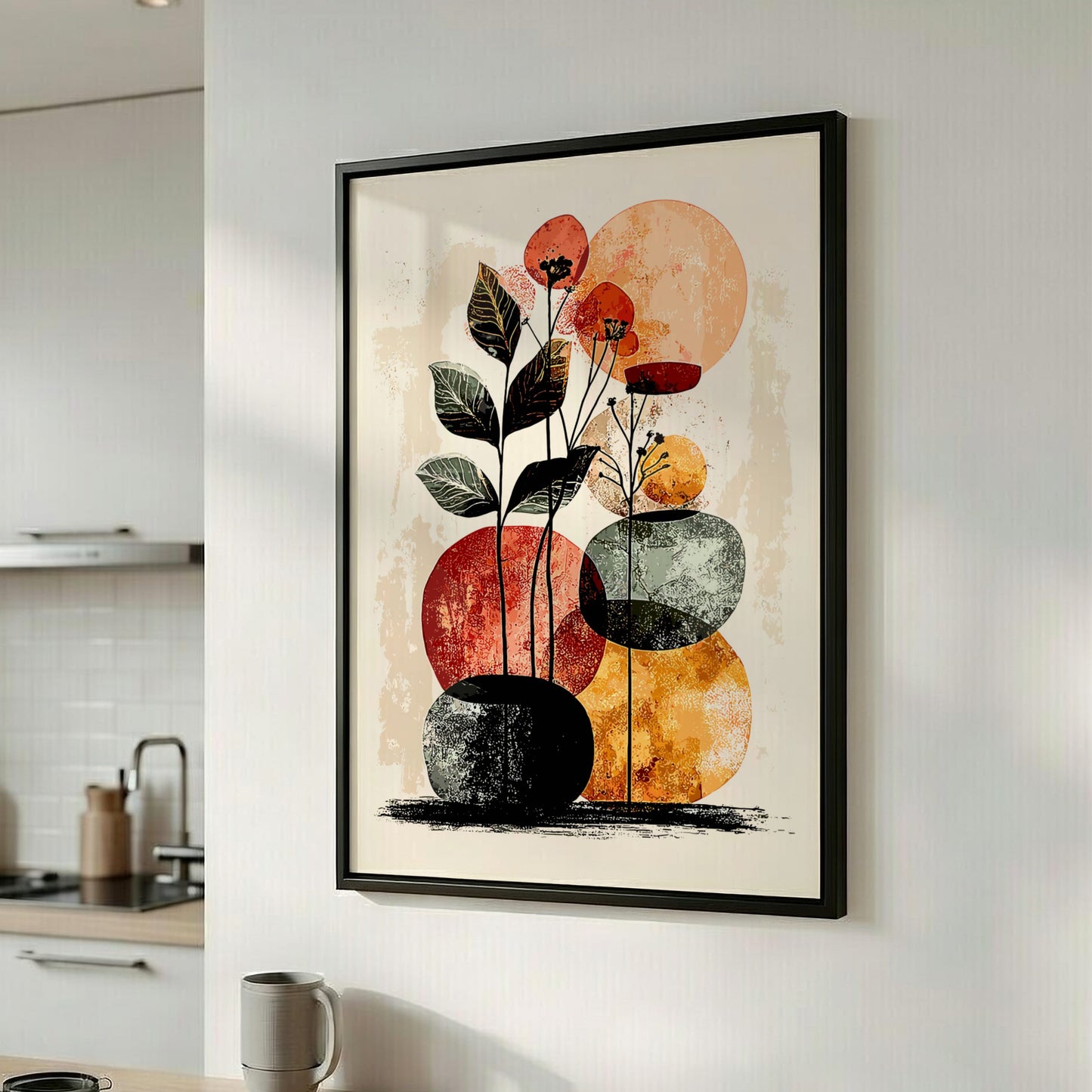 Framed abstract art print of flowers and pots on a kitchen wall