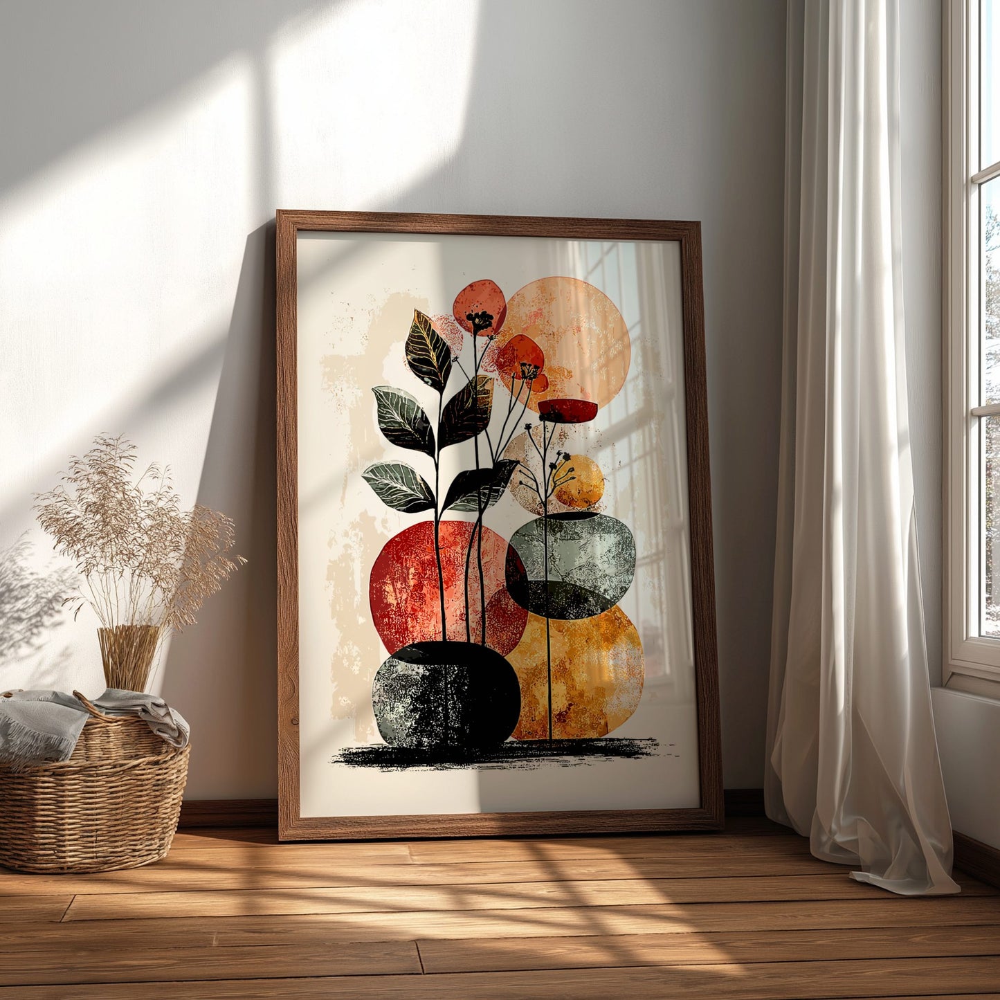 Framed artwork of abstract plants and circles on a wall in a bright room with sunlight.