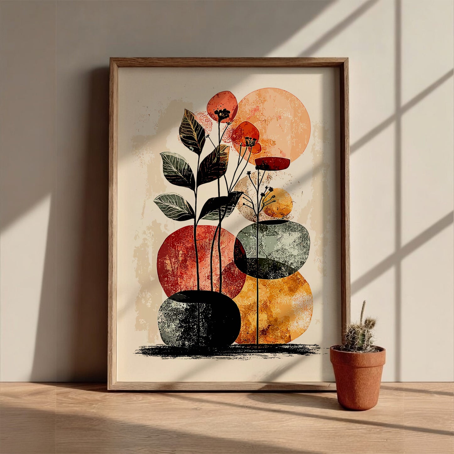 Framed abstract art print with plants on a wooden surface