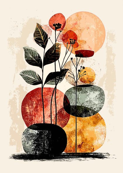 Abstract art with flowers and geometric shapes on a textured background