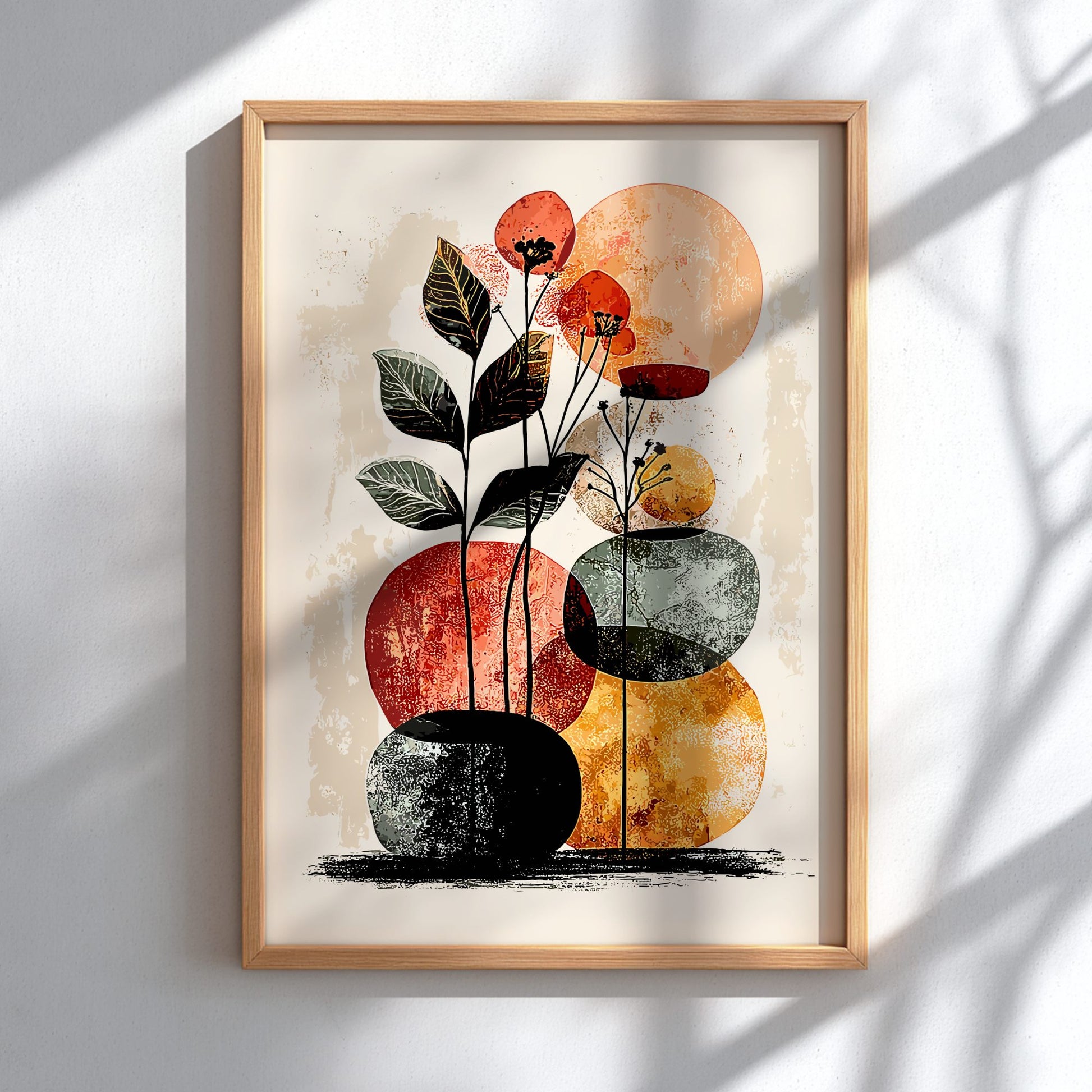 Framed abstract art print with colorful plant-like shapes on a light background