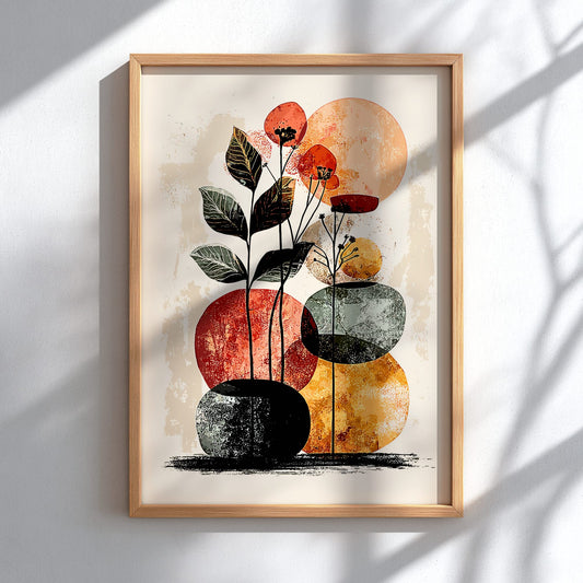 Framed abstract art print with colorful plant-like shapes on a light background