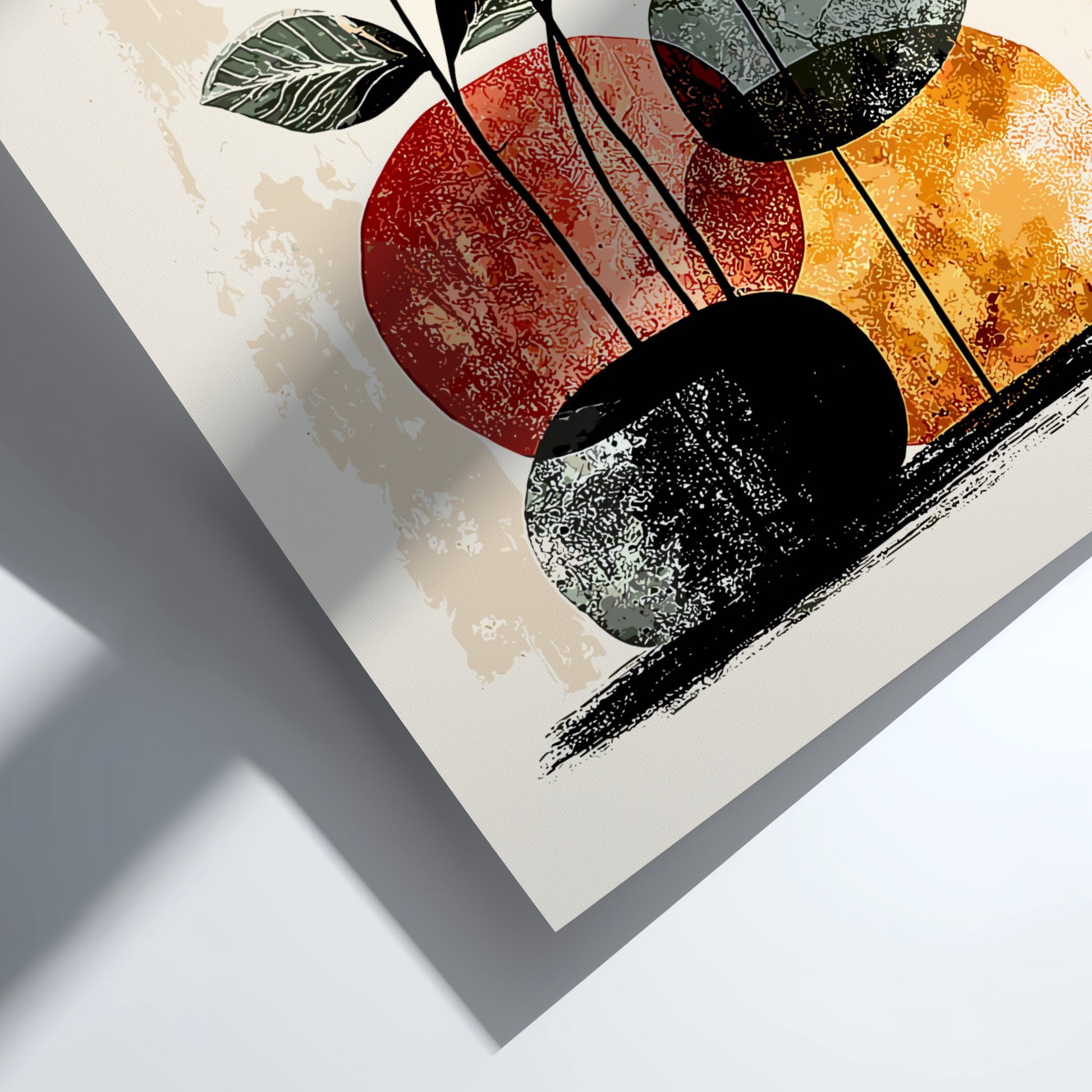 Abstract art piece with a potted plant and circular shapes on a light background