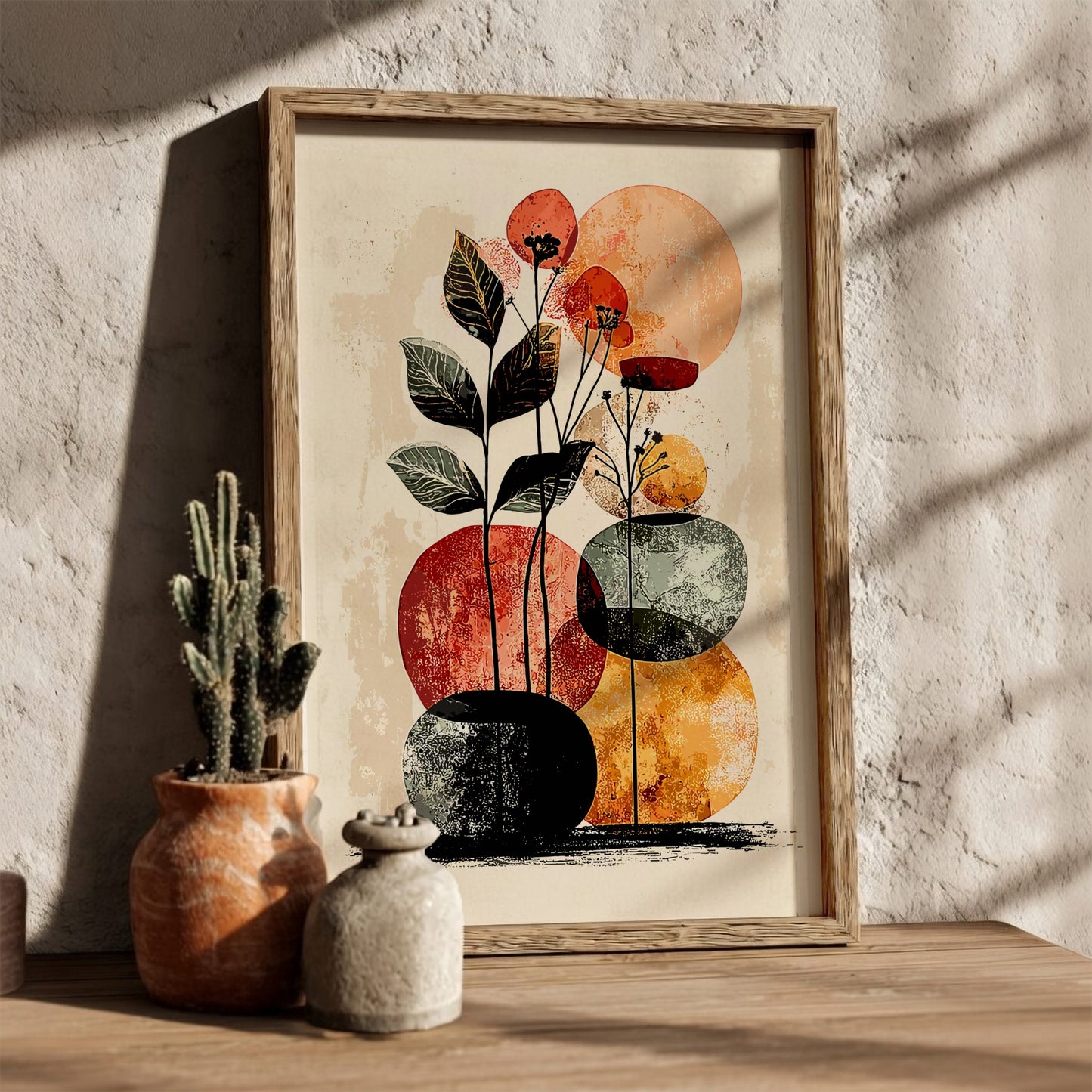 Framed abstract art print with floral elements on a textured wall.