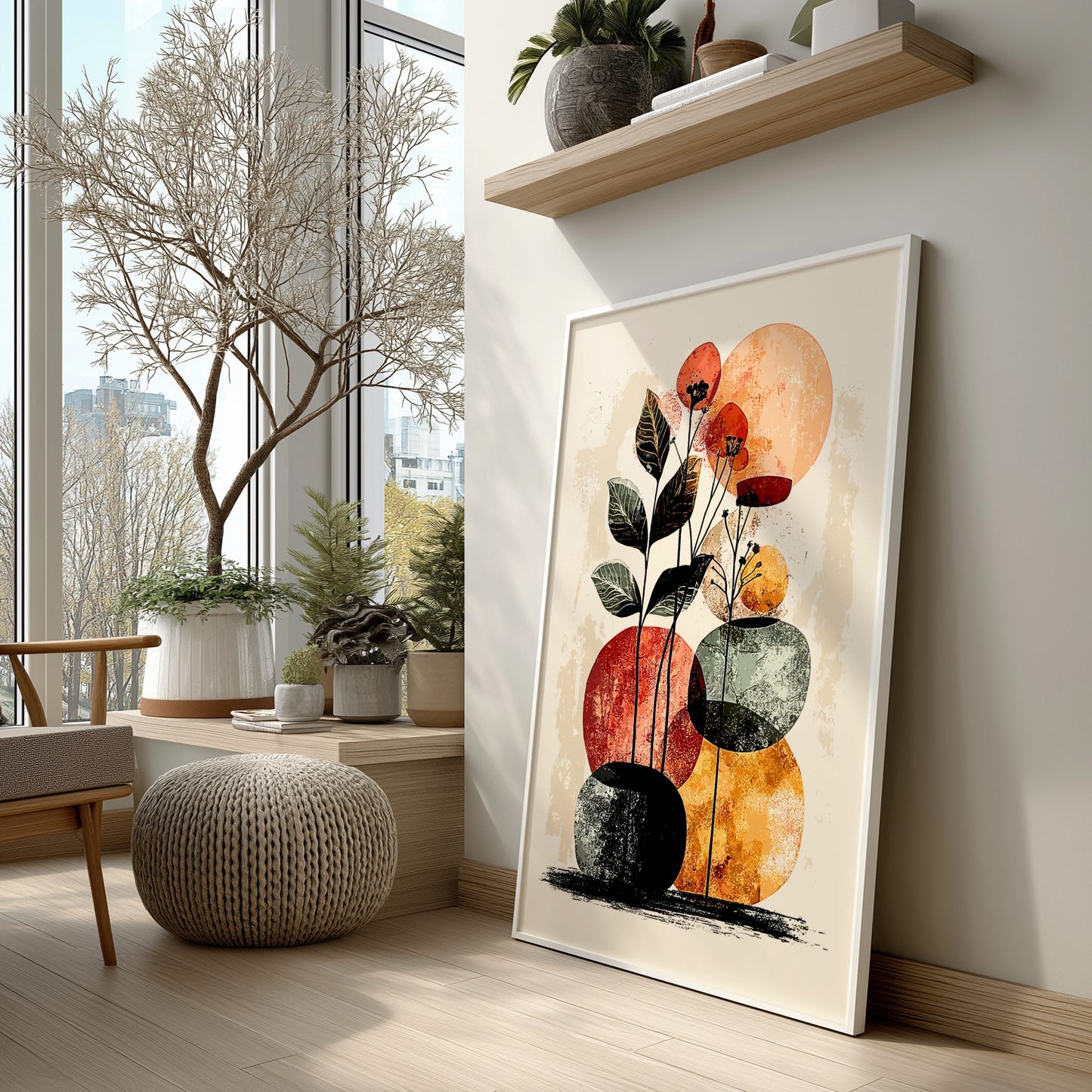 Decorative painting of flowers on a wall in a modern living room with plants and furniture.