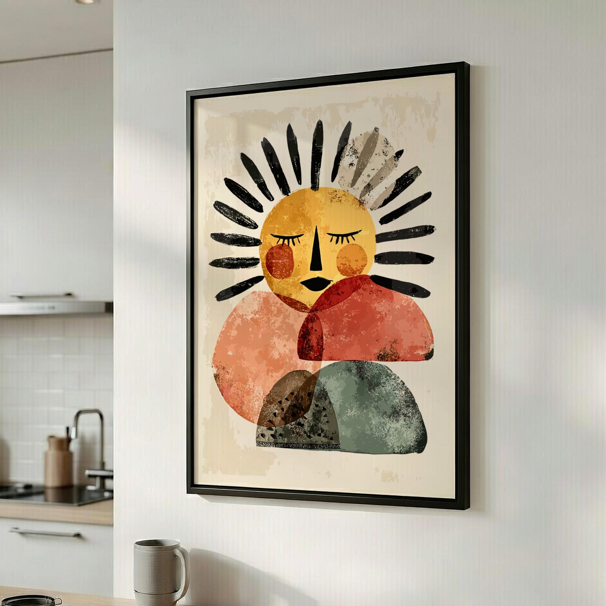Framed abstract art piece on a wall in a kitchen