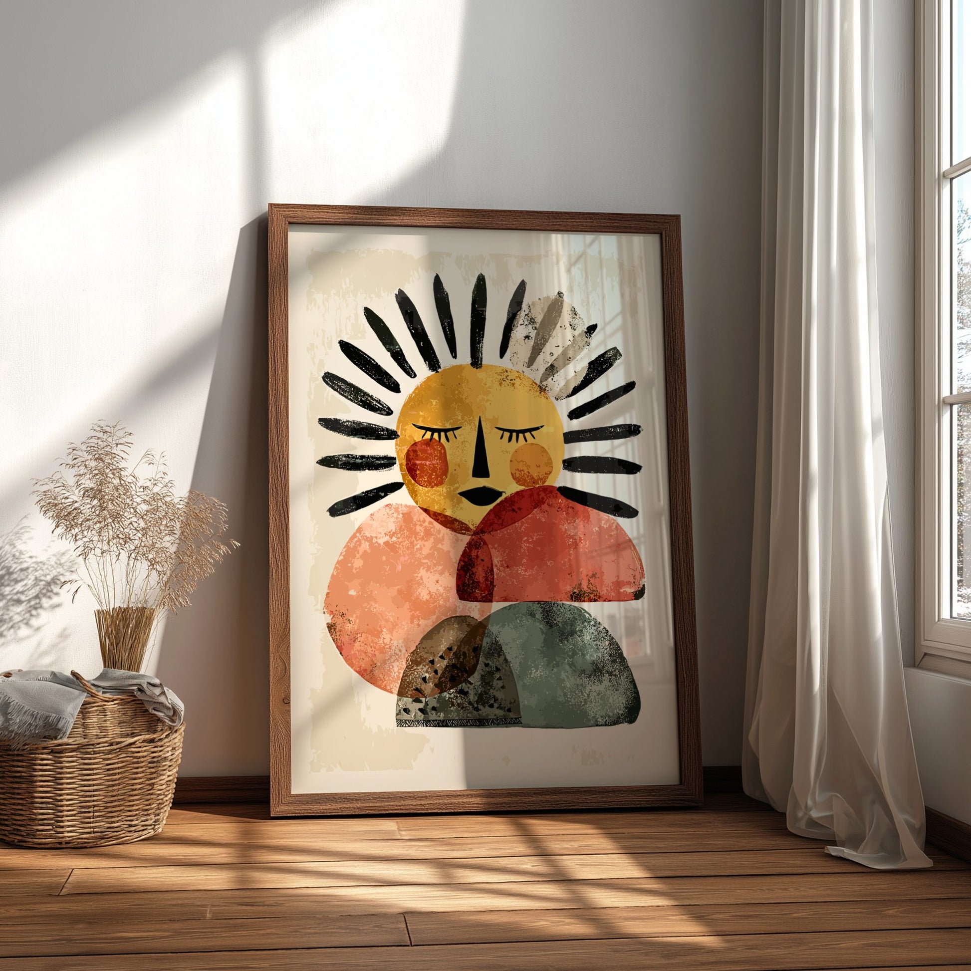 Framed abstract artwork on a wall with natural light