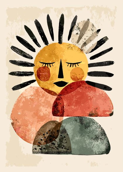 Abstract art piece with a stylized face and geometric shapes on a beige background