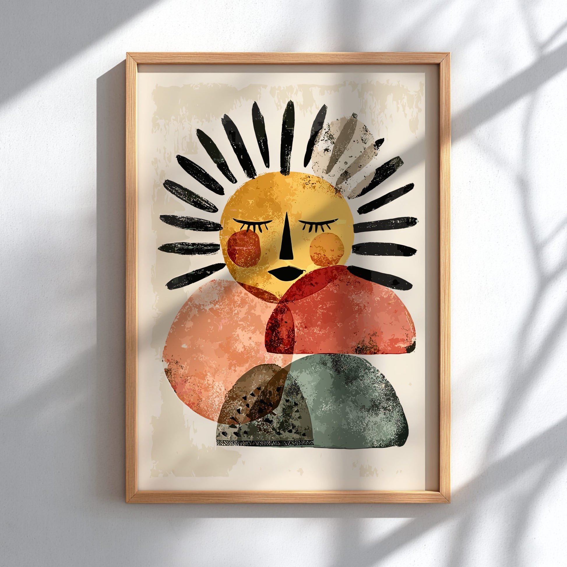 Framed abstract artwork with a stylized face on a light background