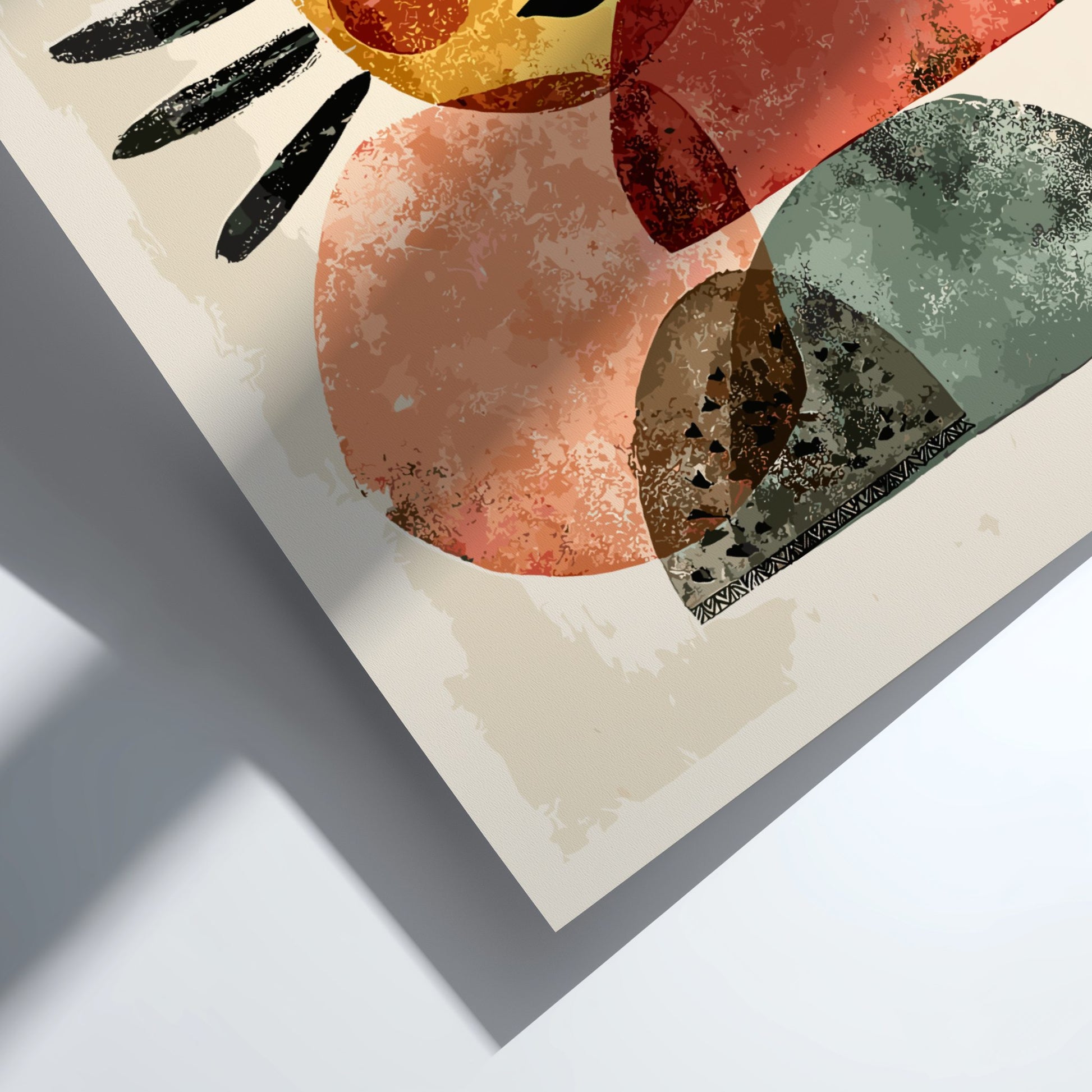 Abstract art print with colorful geometric shapes on a light background