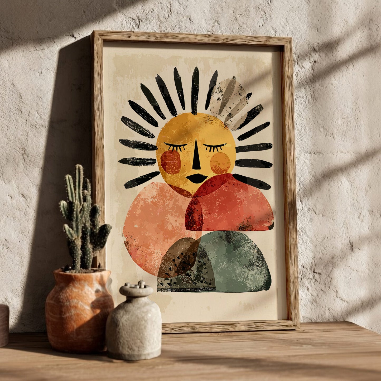 Framed abstract artwork with a sun-like figure on a textured wall with decor items.