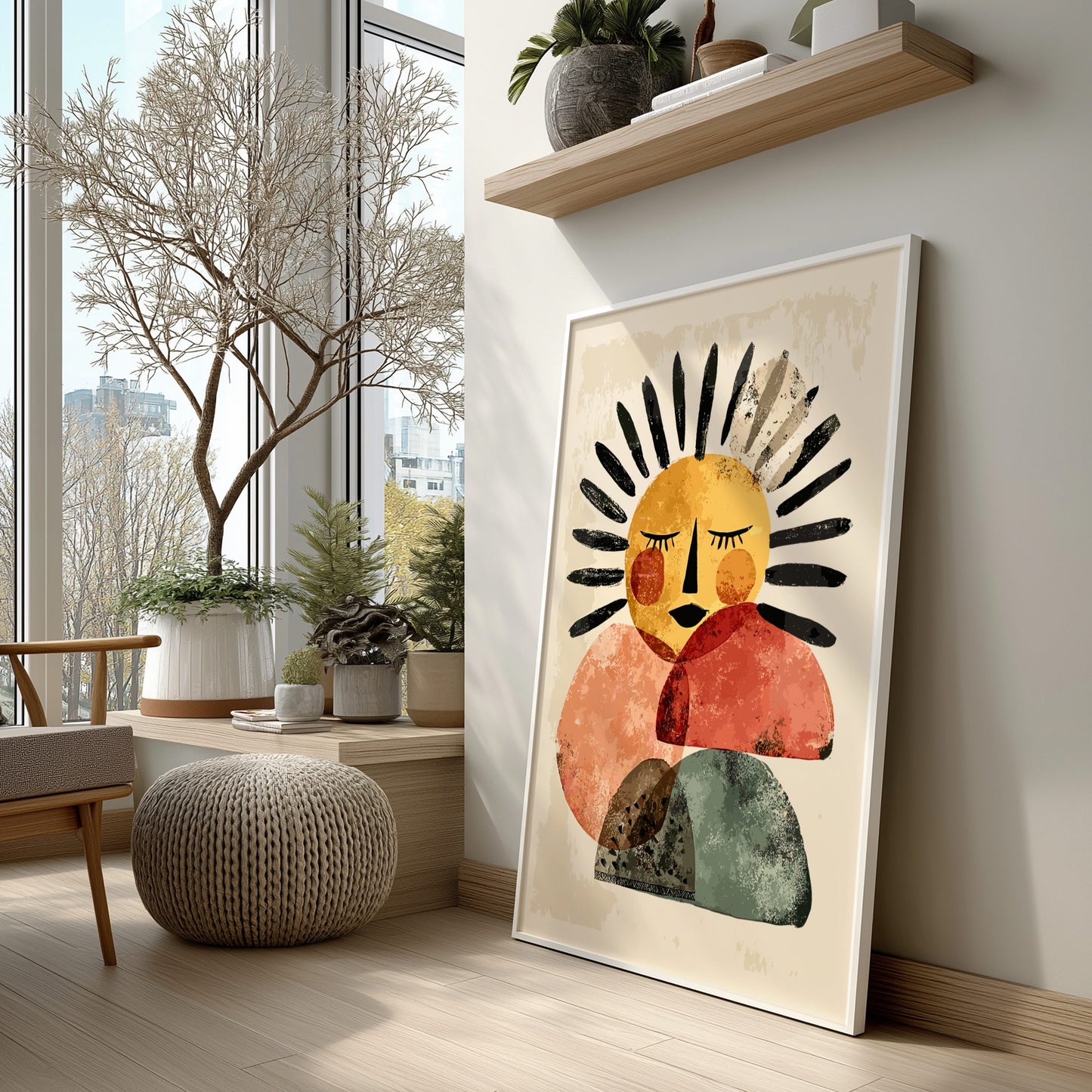 Colorful abstract art piece on a wall in a modern living room with large windows and plants. 