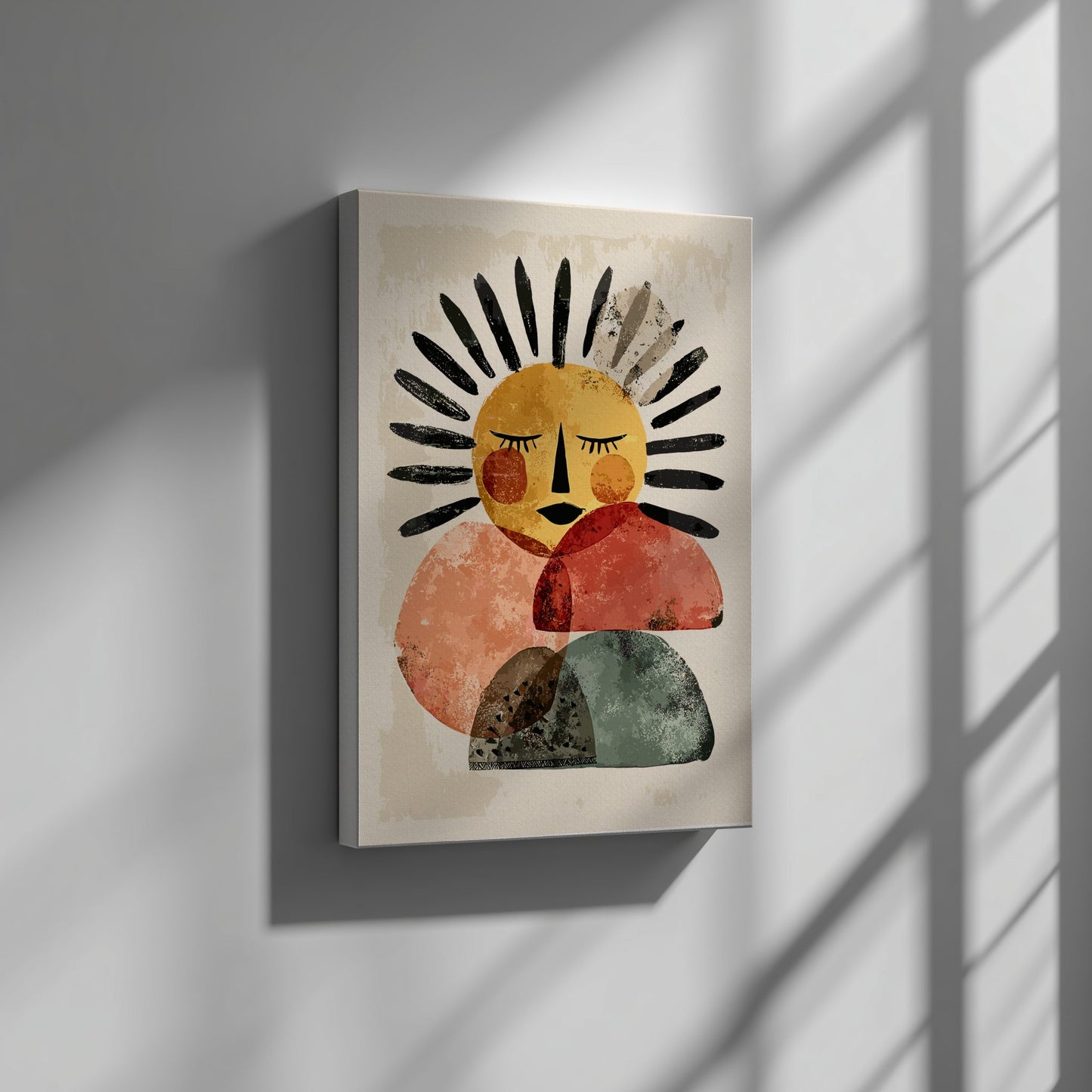 Abstract artwork of a face with geometric shapes on a beige background, displayed on a wall.
