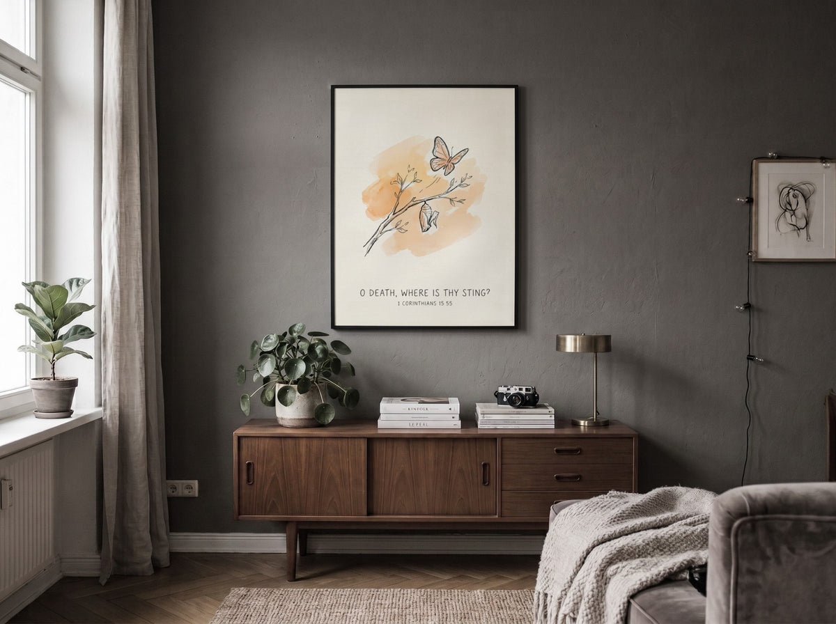 Poster featuring a butterfly emerging from a chrysalis with the text O Death Where Is Thy Sting