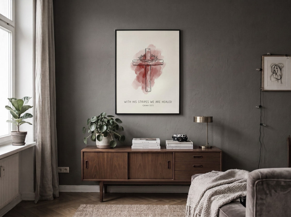 Poster featuring a rustic wooden cross with a crown of thorns and watercolor background.