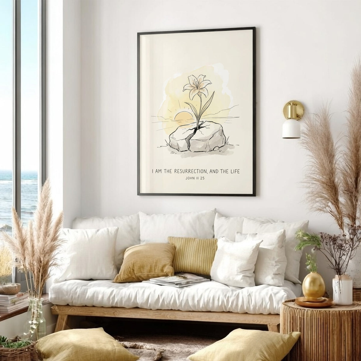 Poster featuring a lily growing from a cracked stone with golden sunrise background.