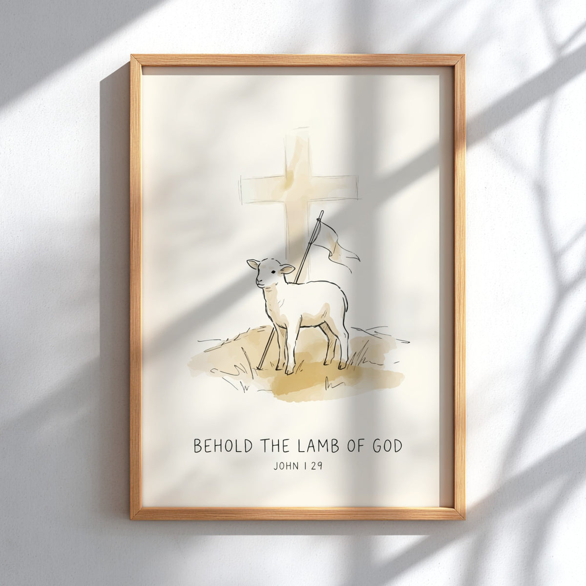 Poster featuring a gentle lamb standing before a cross with the text Behold the Lamb of God