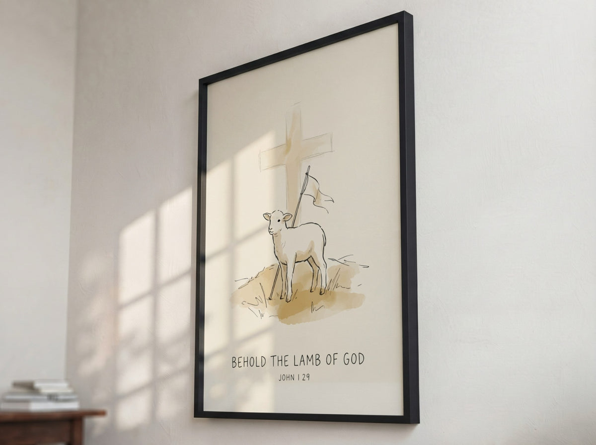 Poster featuring a gentle lamb standing before a cross with the text Behold the Lamb of God
