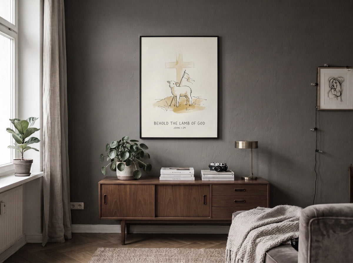 Poster featuring a gentle lamb standing before a cross with the text Behold the Lamb of God