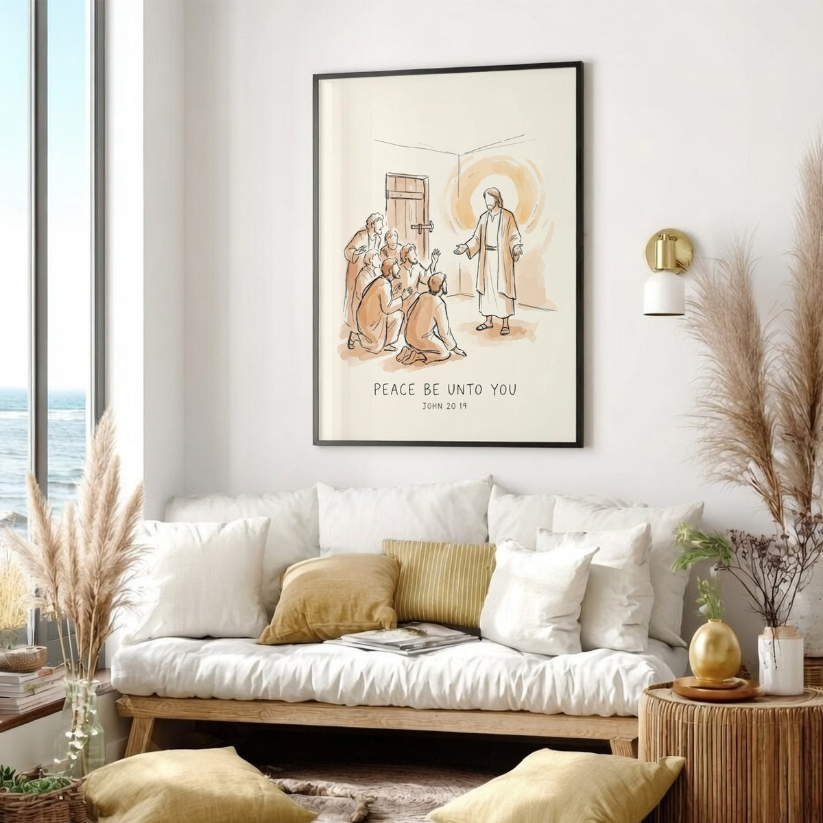 Poster featuring a hand-drawn illustration of Jesus appearing to his disciples with sepia tones.