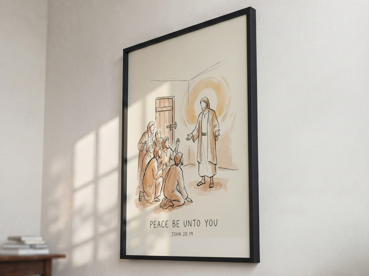 Poster featuring a hand-drawn illustration of Jesus appearing to his disciples with sepia tones.