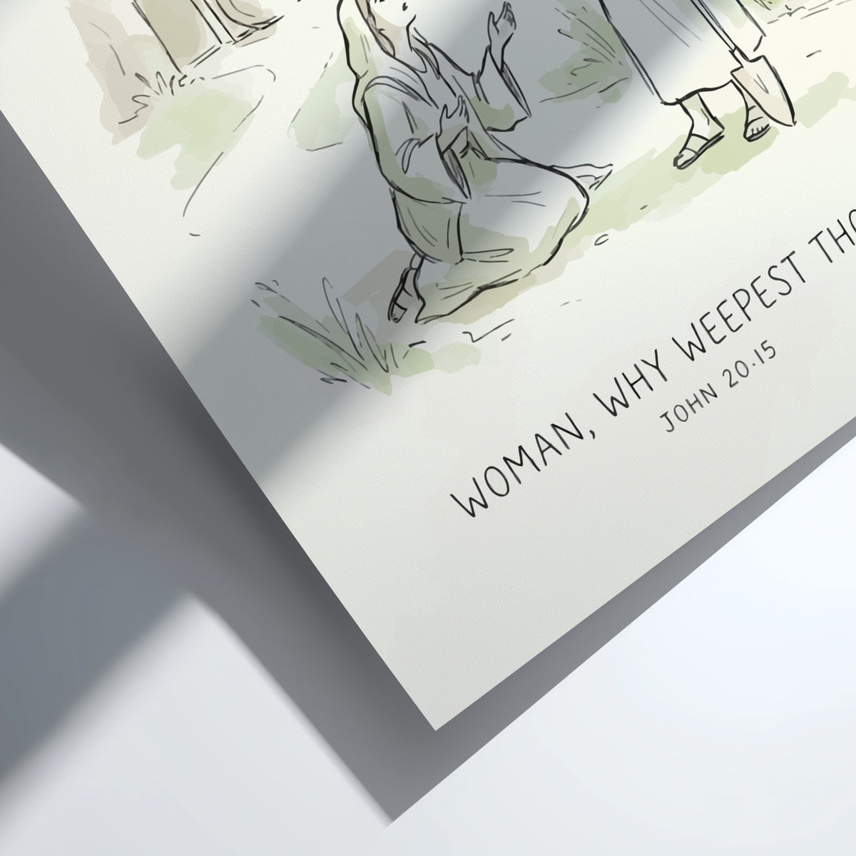 Poster featuring a gentle illustration of a woman kneeling before Jesus in soft greens.
