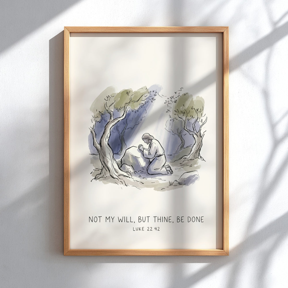 Poster featuring a watercolour illustration of Jesus kneeling in prayer beneath olive trees.