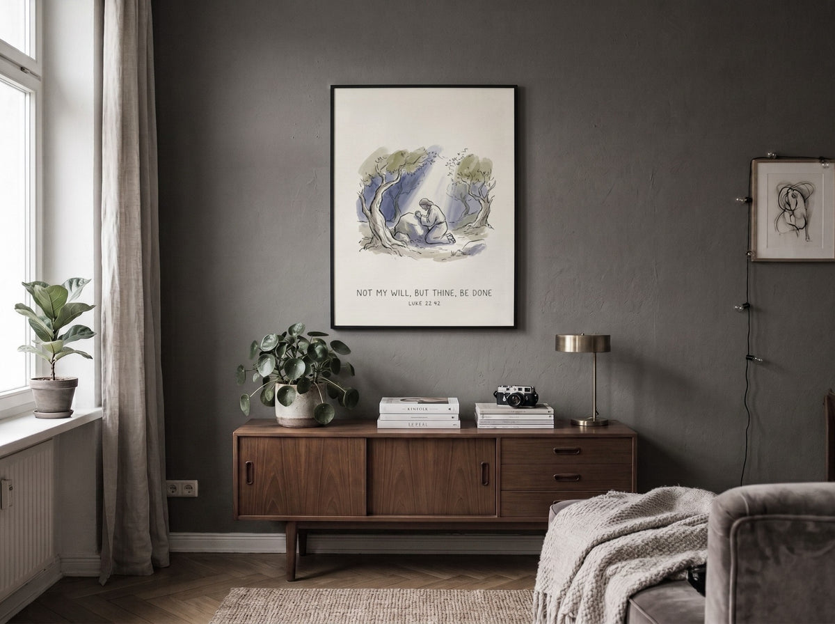 Poster featuring a watercolour illustration of Jesus kneeling in prayer beneath olive trees.