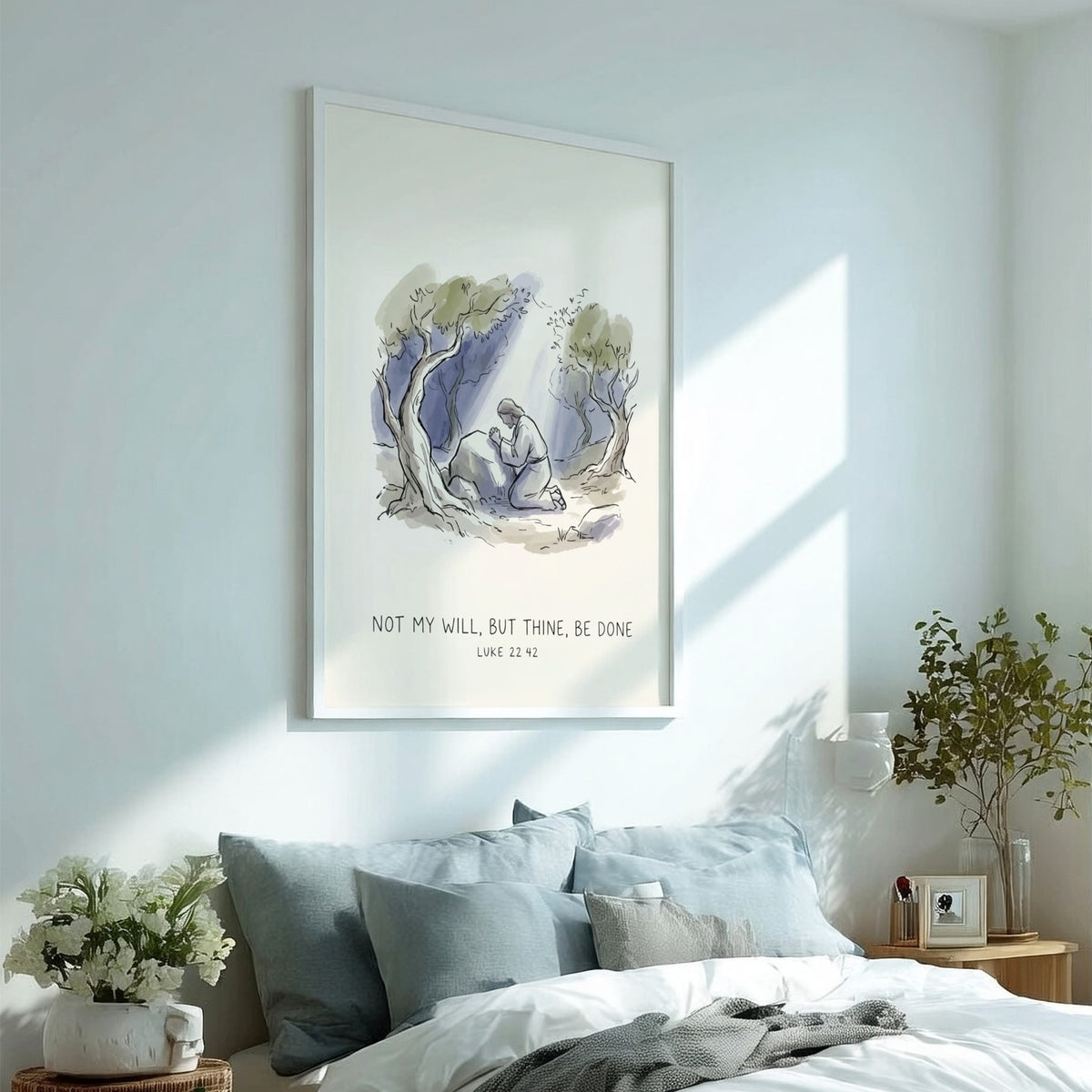 Poster featuring a watercolour illustration of Jesus kneeling in prayer beneath olive trees.