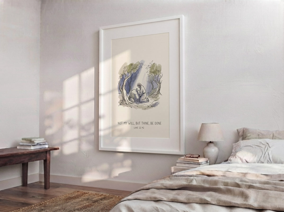 Poster featuring a watercolour illustration of Jesus kneeling in prayer beneath olive trees.