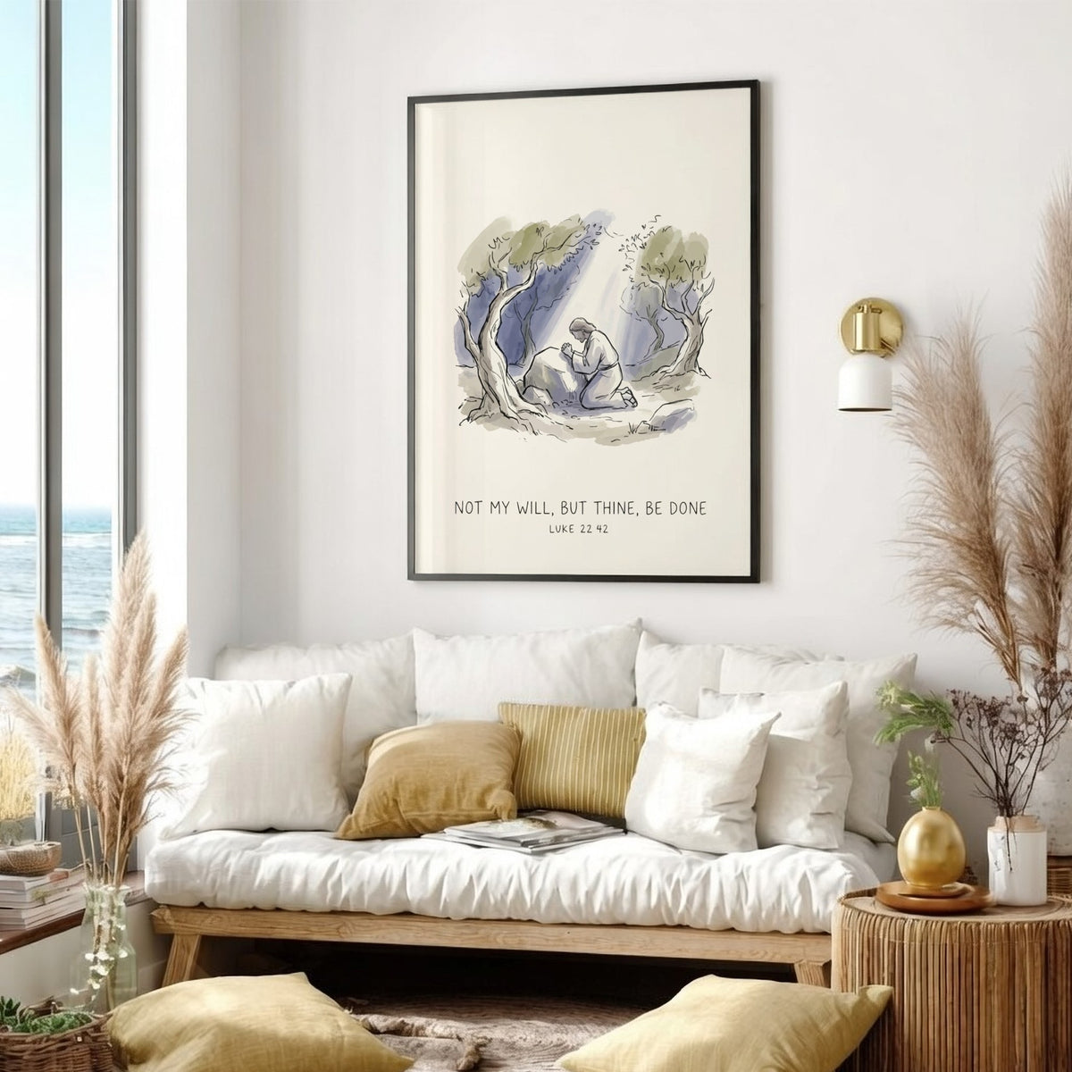 Poster featuring a watercolour illustration of Jesus kneeling in prayer beneath olive trees.