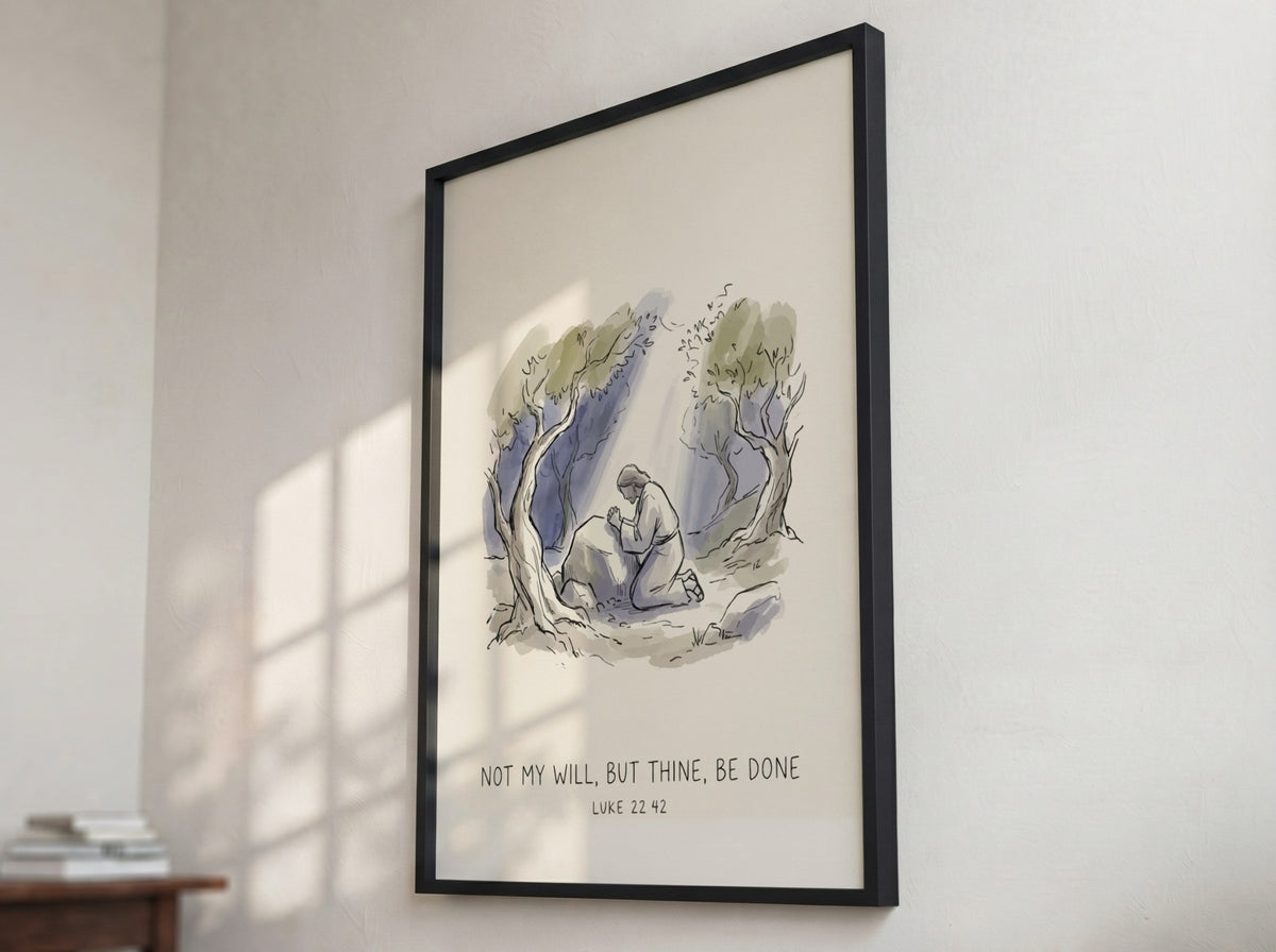 Poster featuring a watercolour illustration of Jesus kneeling in prayer beneath olive trees.