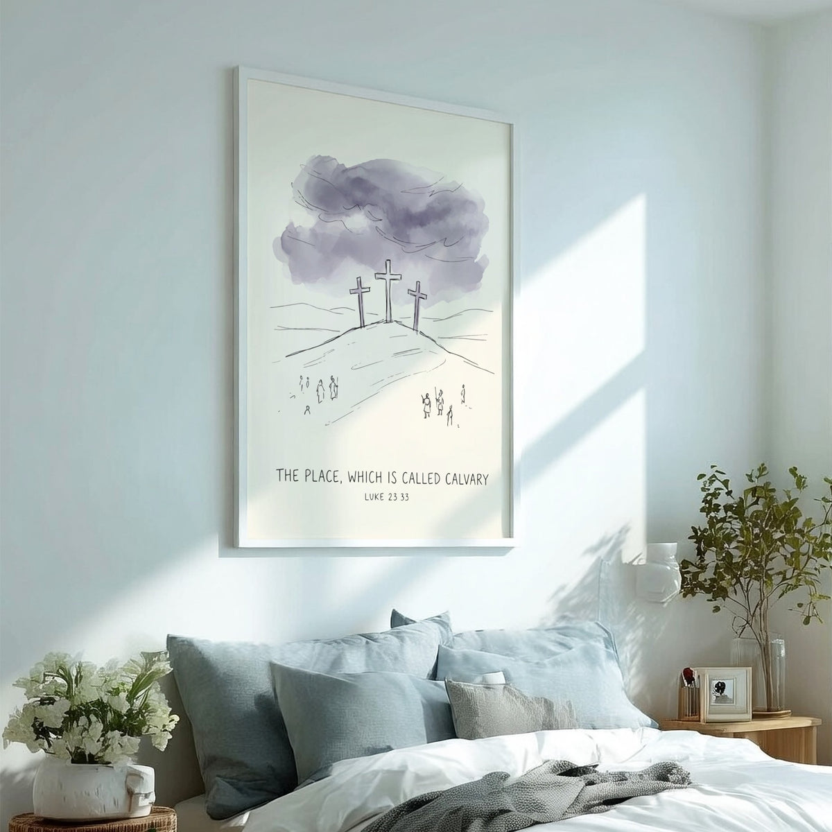 Poster featuring three crosses on a hill with moody purple clouds and biblical text.