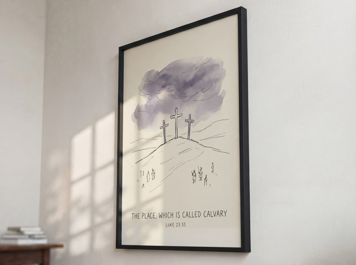 Poster featuring three crosses on a hill with moody purple clouds and biblical text.