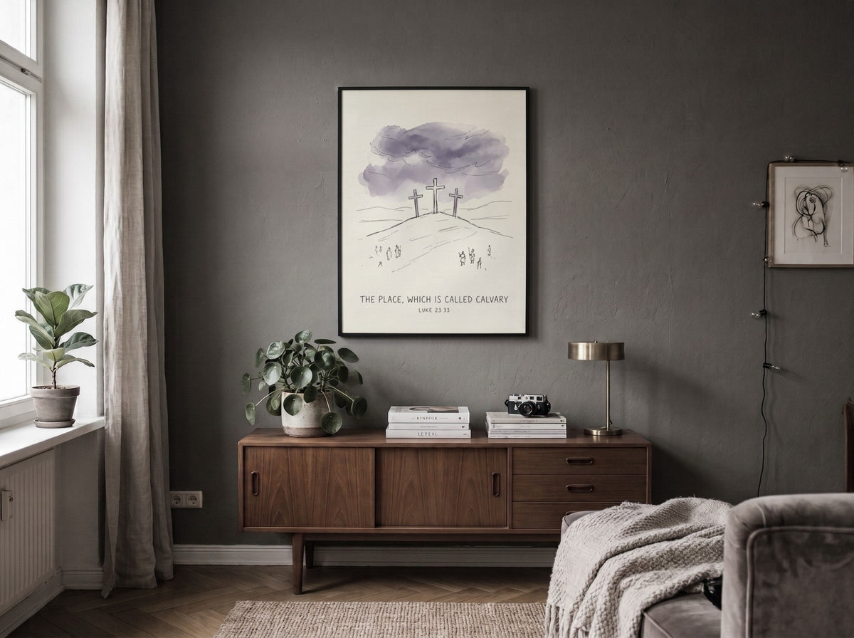 Poster featuring three crosses on a hill with moody purple clouds and biblical text.