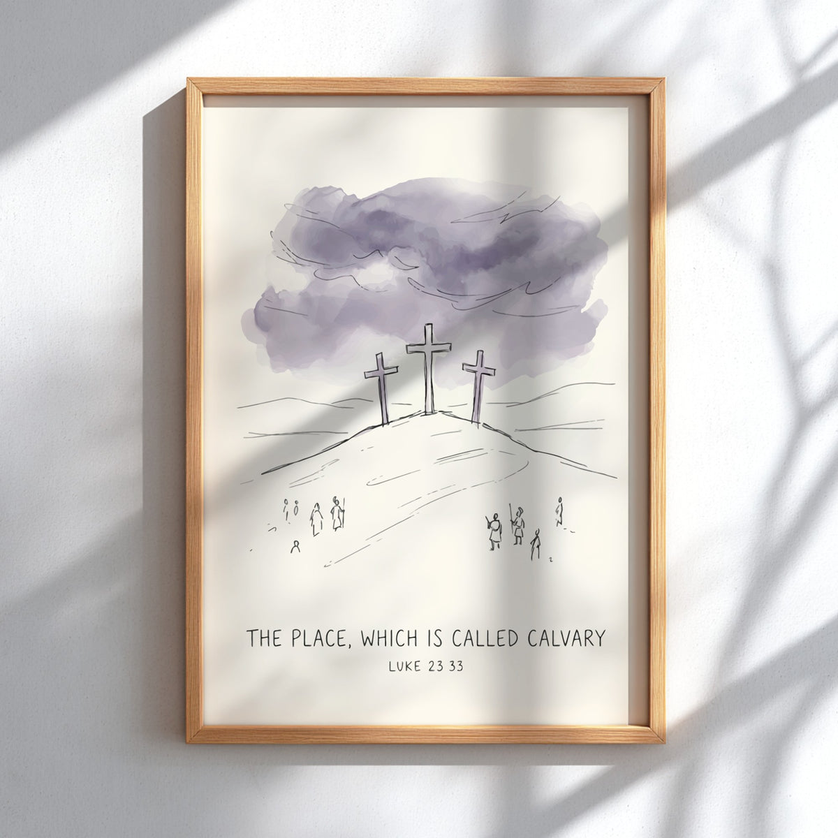 Poster featuring three crosses on a hill with moody purple clouds and biblical text.