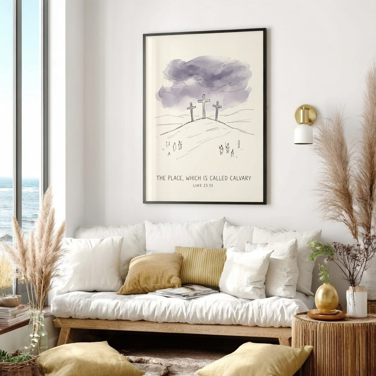 Poster featuring three crosses on a hill with moody purple clouds and biblical text.