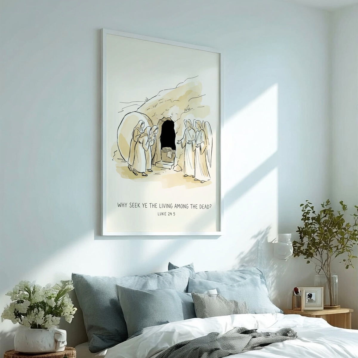 Poster featuring a line art illustration of the empty tomb with angels and women