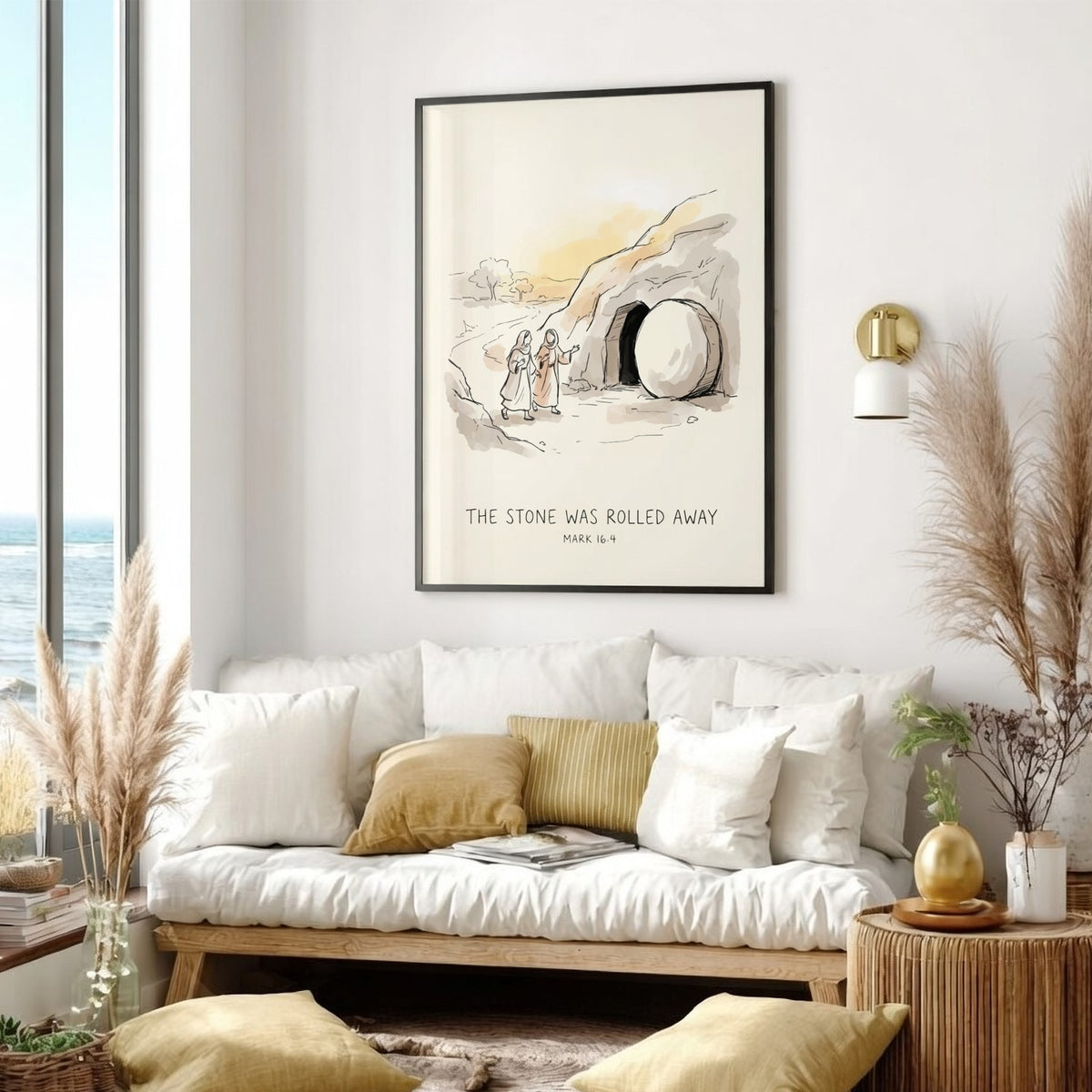 Poster featuring a soft watercolour illustration of two figures visiting the empty tomb.