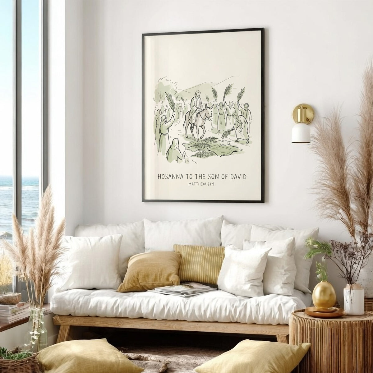Poster of Jesus riding a donkey with followers holding palms and text below.