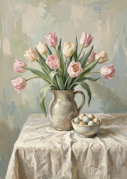 Poster featuring a bouquet of pink tulips in a ceramic pitcher with eggs