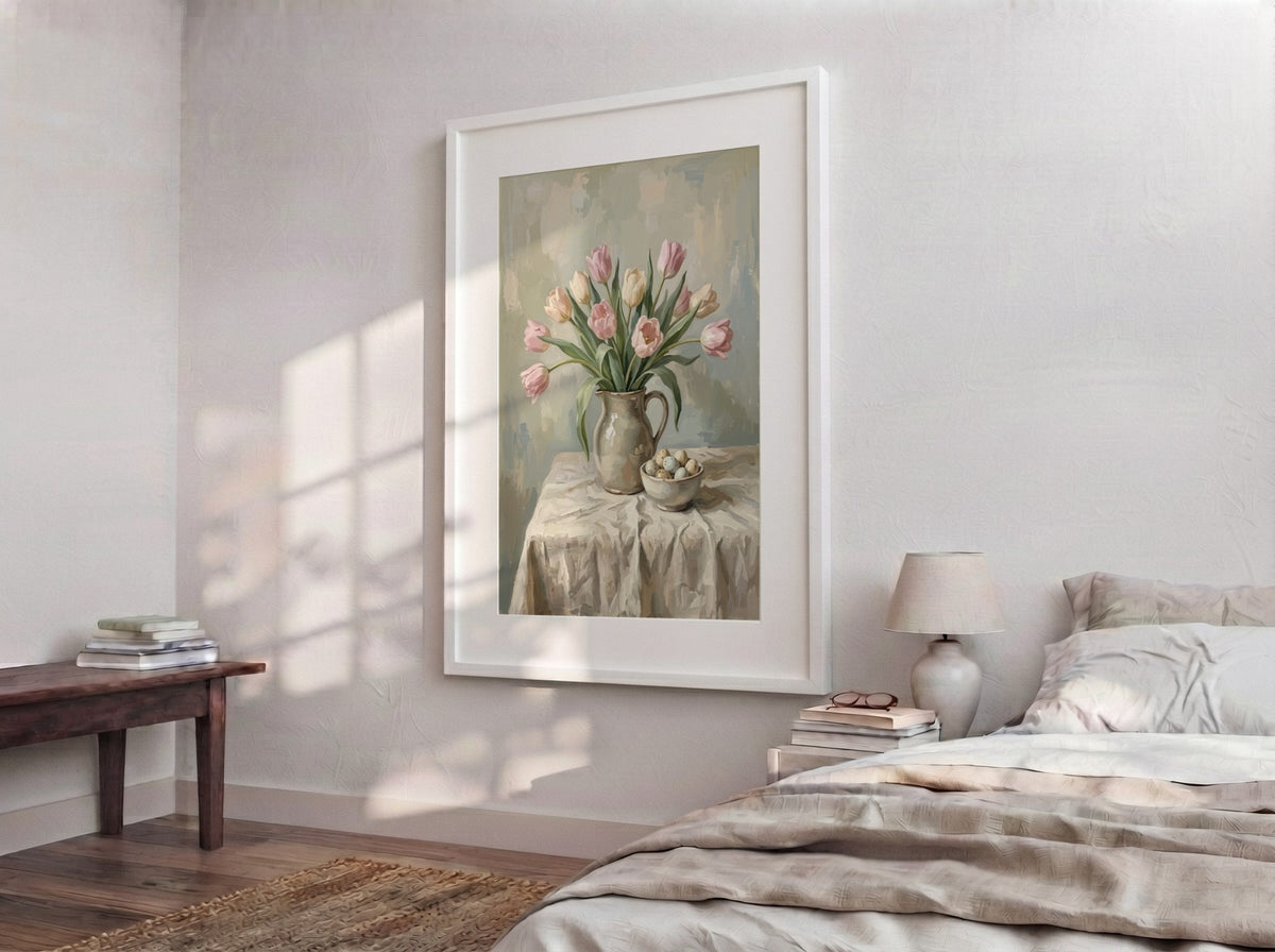 Poster featuring a bouquet of pink tulips in a ceramic pitcher with eggs