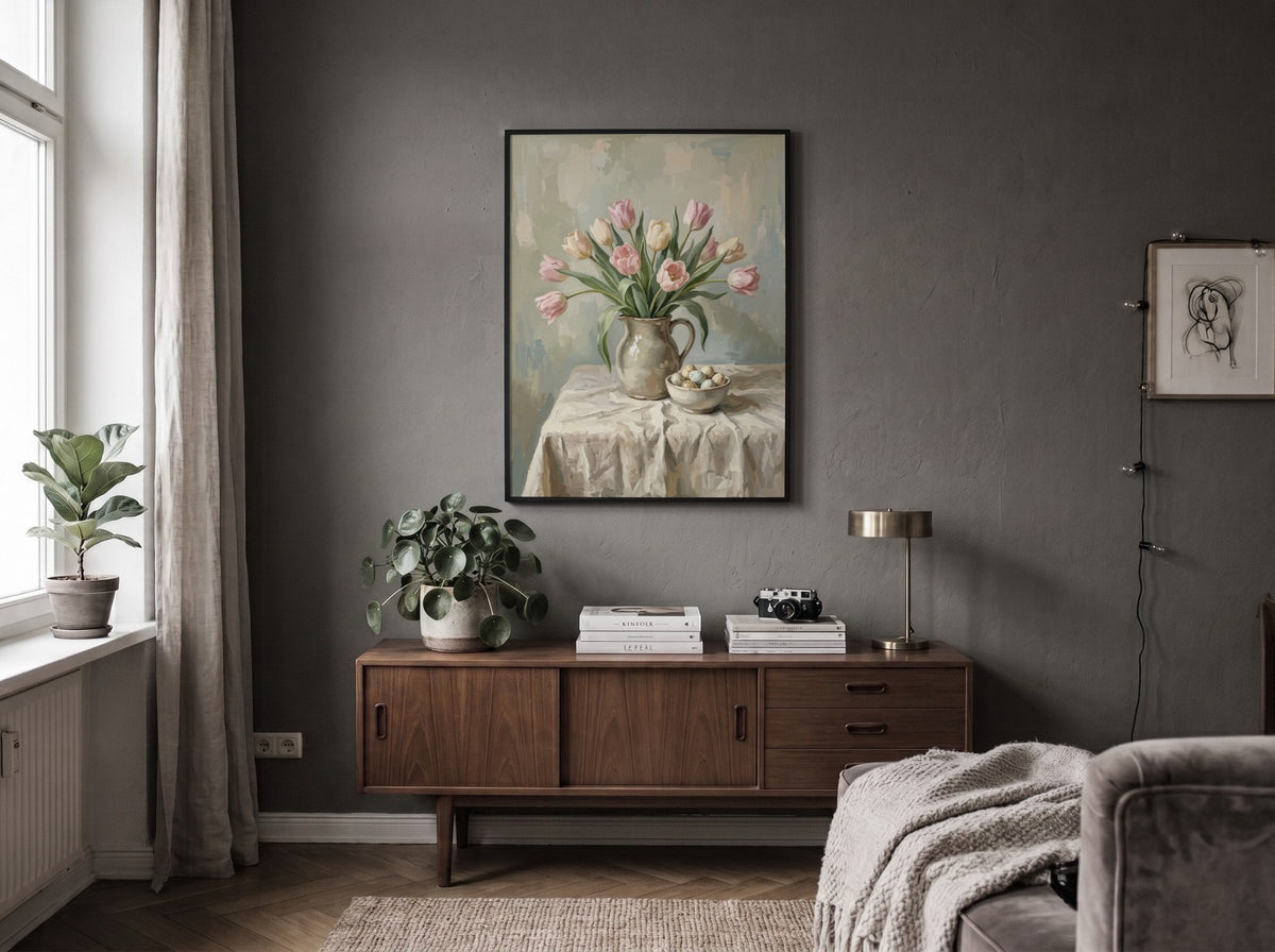 Poster featuring a bouquet of pink tulips in a ceramic pitcher with eggs