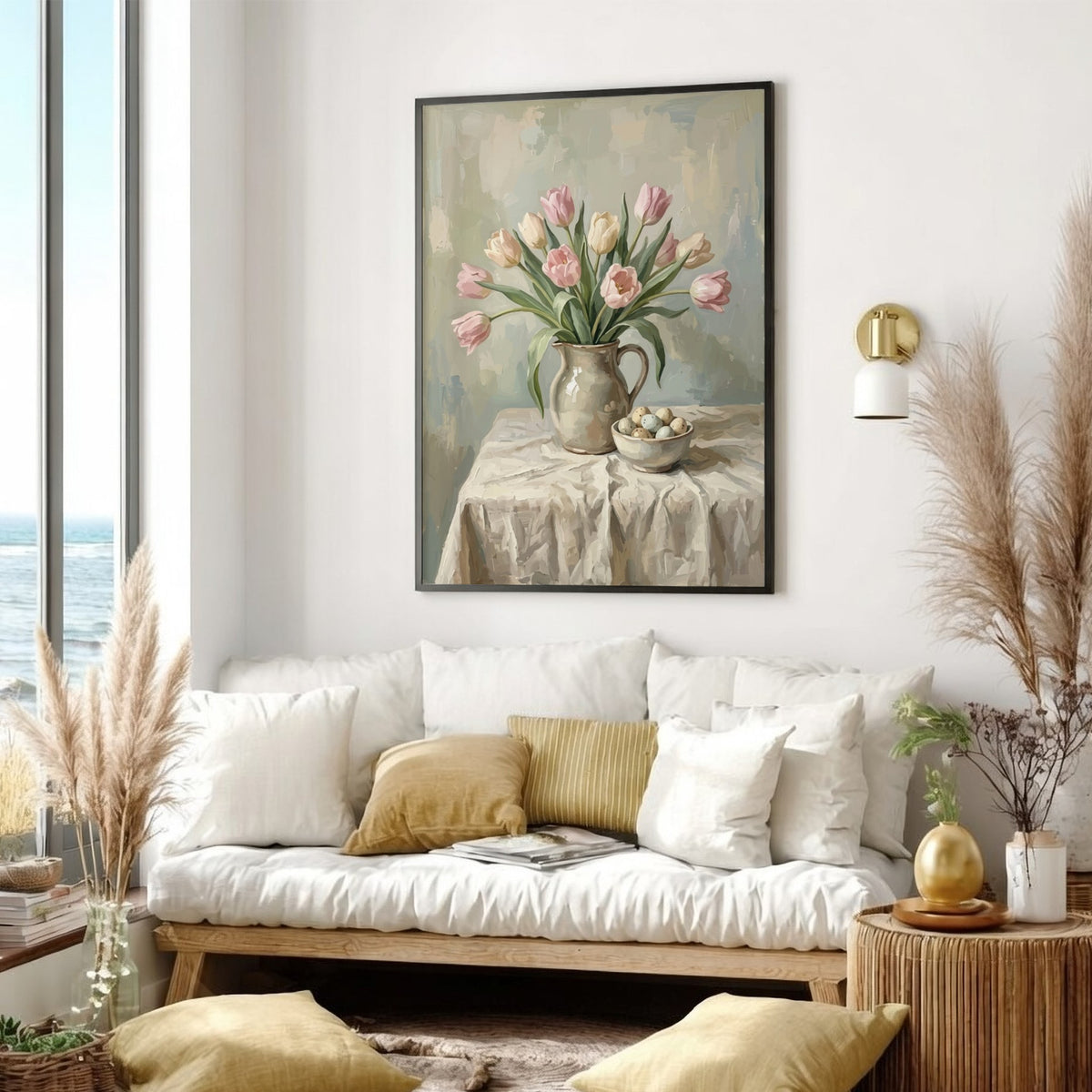 Poster featuring a bouquet of pink tulips in a ceramic pitcher with eggs