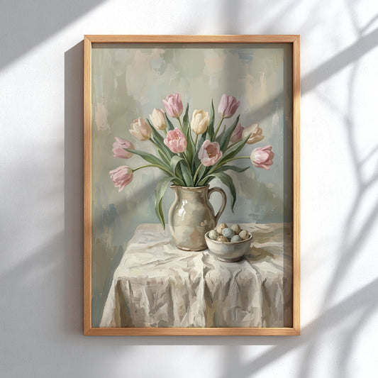 Poster featuring a bouquet of pink tulips in a ceramic pitcher with eggs