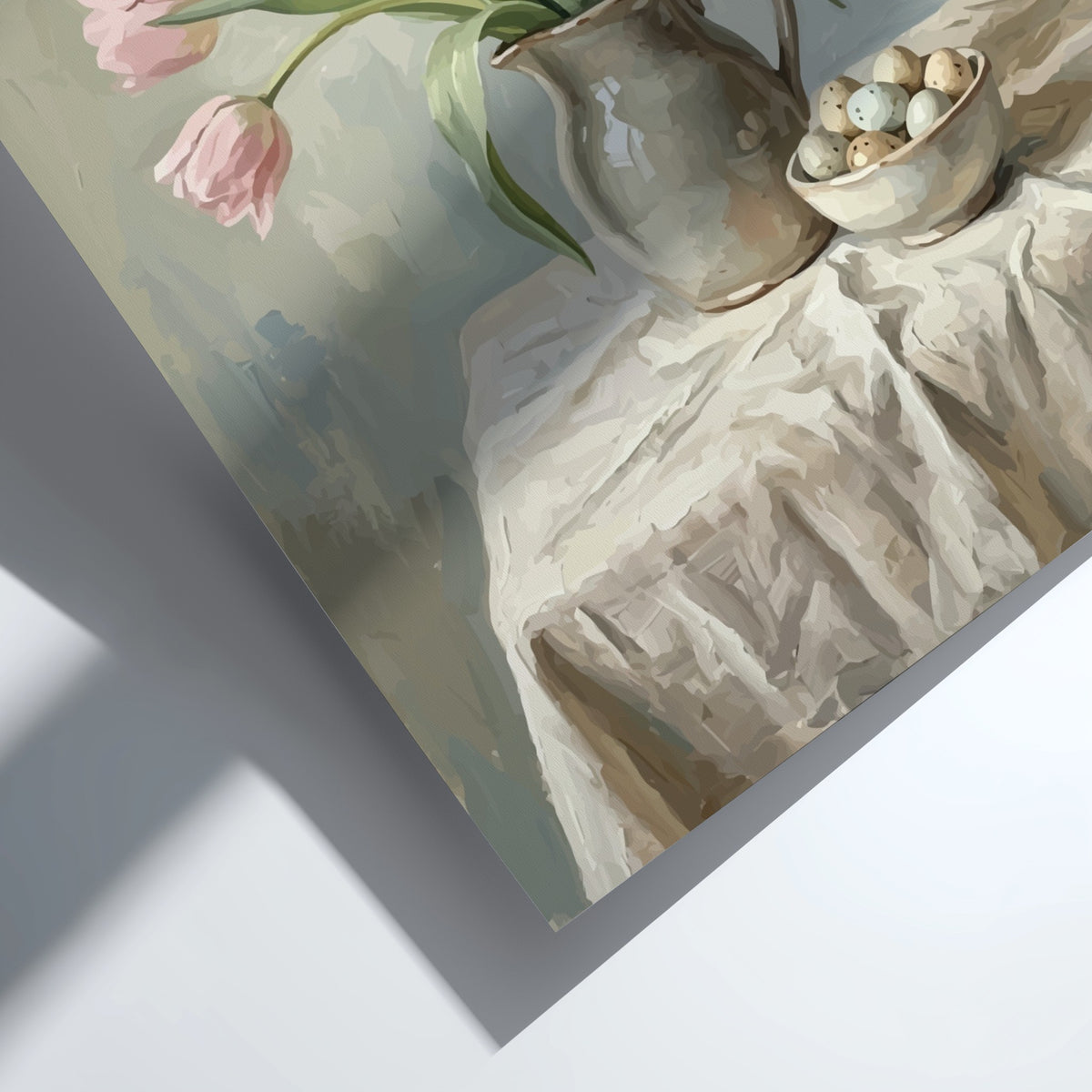 Poster featuring a bouquet of pink tulips in a ceramic pitcher with eggs